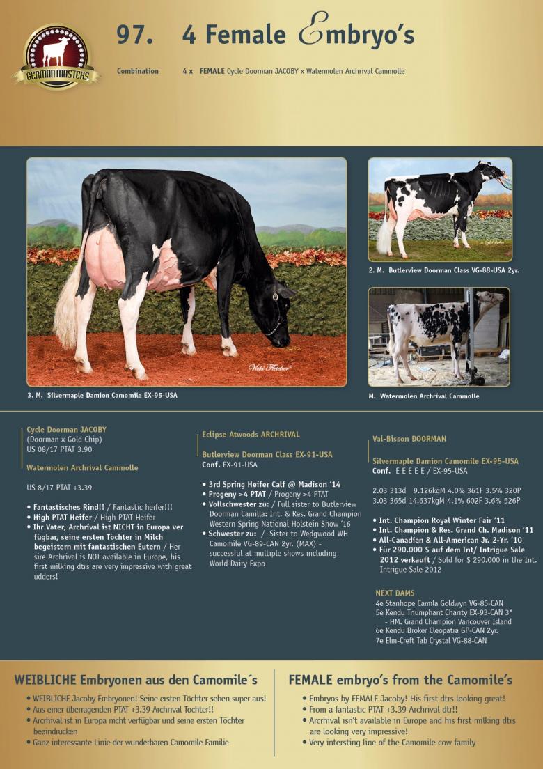 Datasheet for Lot 97. #4 FEMALE Embryos: Cycle Doorman JACOBY x Watermolen Archrival Cammolle